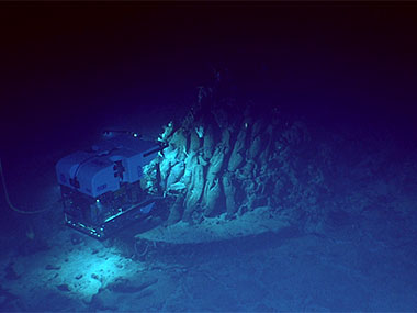 Remotely operated vehicle Deep Discoverer images an outcrop that may have been a small volcanic pillow mound with elongate pillow lobes during Dive 05 of the second Voyage to the Ridge 2022 expedition. The mound provided habitat for a variety of organisms, including corals and sponges.