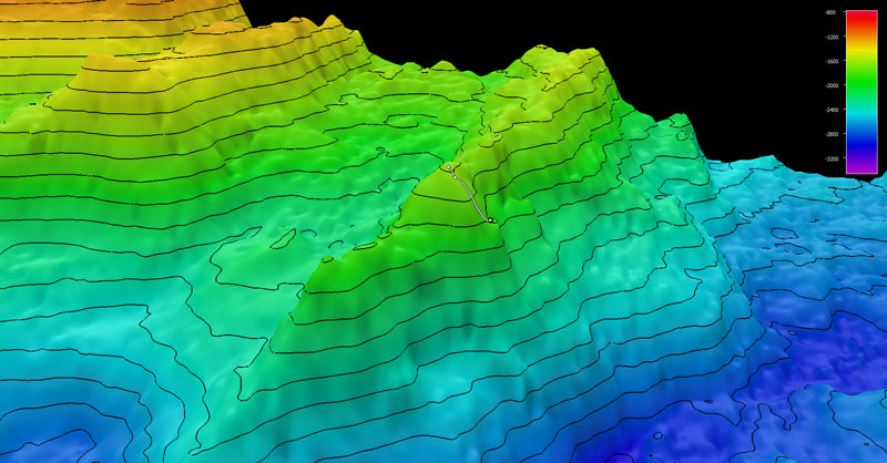 The planned dive track (white line) for Voyage to the Ridge 2022 Expedition 2 Dive 06: Kurchatov Ridge. Bathymetry shown at three-times exaggeration. Scale is water depth in meters.