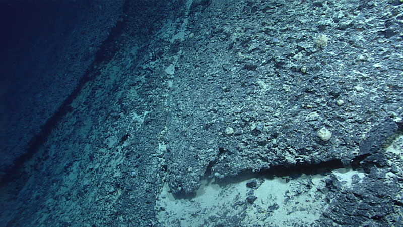 This image shows the steep angle of the exposed fault explored during the tenth dive of the second Voyage to the Ridge 2022 expedition at a depth of 1,792 meters (4,895 feet).
