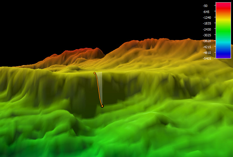 The planned dive track (orange line) for Voyage to the Ridge 2022 Expedition 3 Dive 01: Deep João Valadão Ridge. Bathymetry shown at two-times exaggeration. Scale is water depth in meters.