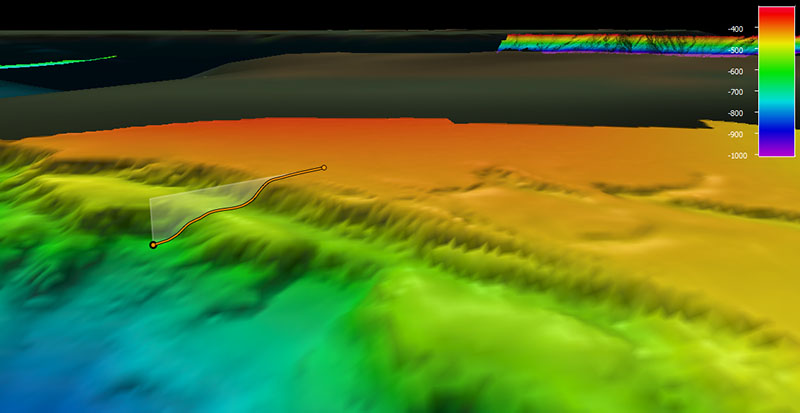 Planned dive track for Voyage to the Ridge 2022 Expedition 3, Dive 08, which took place southwest of St. Croix. Bathymetry shown at one-time exaggeration. Scale is water depth in meters.