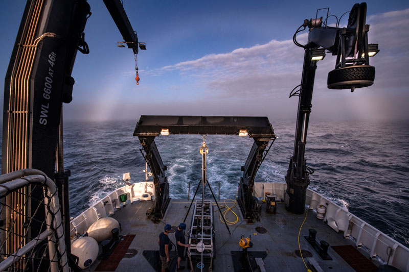 A fogbow seen over the fantail of NOAA Ship Okeanos Explorer during the transit to the first dive site at the start of the second Voyage to the Ridge 2022 expedition.
