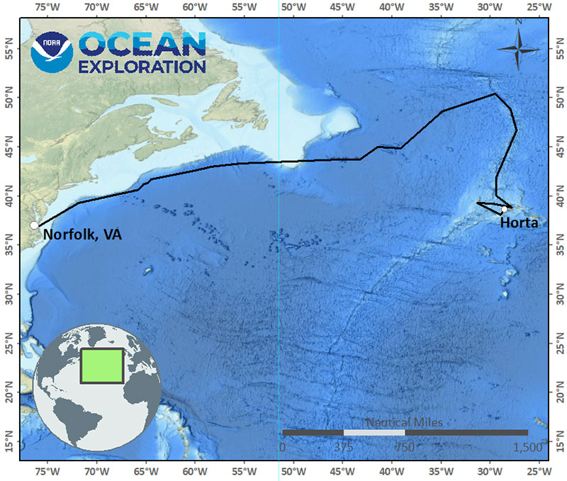 The North Atlantic Ocean seafloor is largely unexplored. Shown here is the anticipated track of NOAA Ship Okeanos Explorer during the second Voyage to the Ridge 2022 expedition. This series of expeditions will provide high-resolution information about seafloor features and an opportunity for scientists, students, and managers to engage in exploration of this largely unknown area in real time.