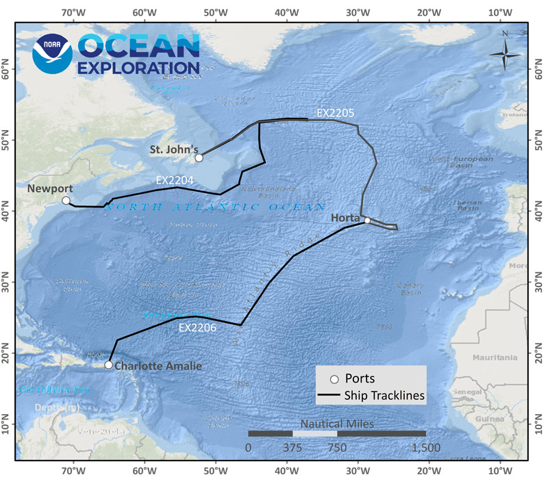 The North Atlantic Ocean seafloor is largely unexplored. Shown here is the anticipated track of NOAA Ship Okeanos Explorer during the three expeditions that comprise Voyage to the Ridge 2022. This series of expeditions will provide high-resolution information about seafloor features and an opportunity for scientists, students, and managers to engage in exploration of this largely unknown area in real time.