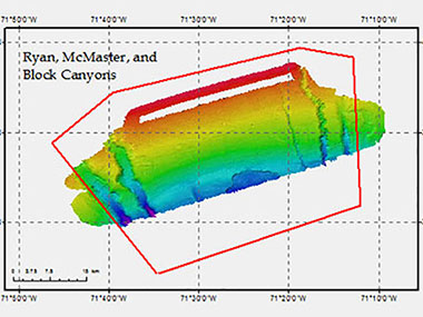 Approximately 900 square kilometers of seafloor were mapped during focused survey operations at Block, Ryan, and McMaster Canyons as part of this expedition.