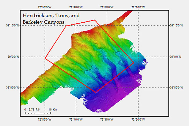 Focused mapping operations at Hendrickson, Toms, and Berkeley Canyons covered approximately 1,400 square kilometers of seafloor.