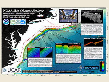 This poster shows the locations and provides information about the areas that were mapped during the second Atlantic Canyons Undersea Mapping expedition.
