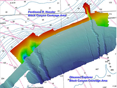 Hassler’s mapping coverage in the Block Canyon area, overlaid on mapping data from Okeanos Explorer.