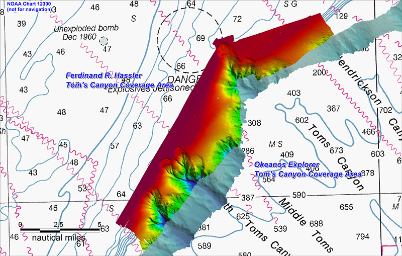 Hassler’s mapping coverage in the Toms Canyon area, overlaid on mapping data from Okeanos Explorer.
