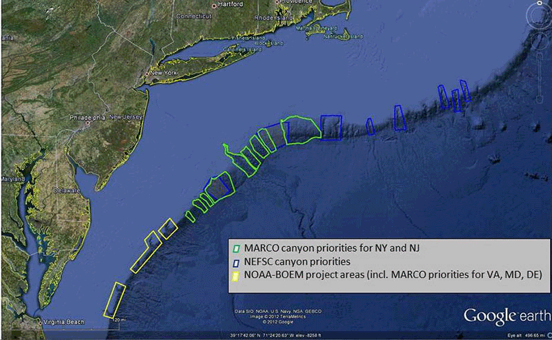 This slideshow of Google Earth images shows the progressing of high-resolution mapping efforts focused on the North Atlantic canyons between the summer of 2011 and summer of 2012. Blue and green areas outline ACUMEN mapping priorities. Yellow boxes outline areas included in a complementary joint NOAA-BOEM project. Slideshow includes high resolution bathymetry acquired by NOAA Ships Okeanos Explorer, Ferdinand R Hassler, and Nancy Foster. NOAA Ship Bigelow used a towed camera system to ground-truth areas mapped by Okeanos Explorer and Hassler.  Mid-Atlantic Regional Council on the Ocean and NOAA priorities are addressed by both the ACUMEN and NOAA-BOEM projects.
