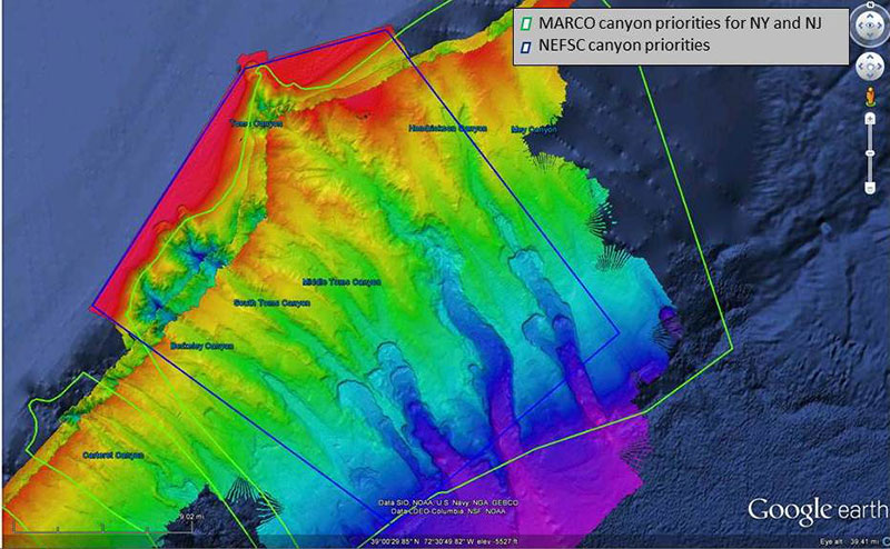 Image includes area surveyed by NOAA Ship Okeanos Explorer during the February 2012 ACUMEN expedition. You can differentiate data collected during the different expeditions.