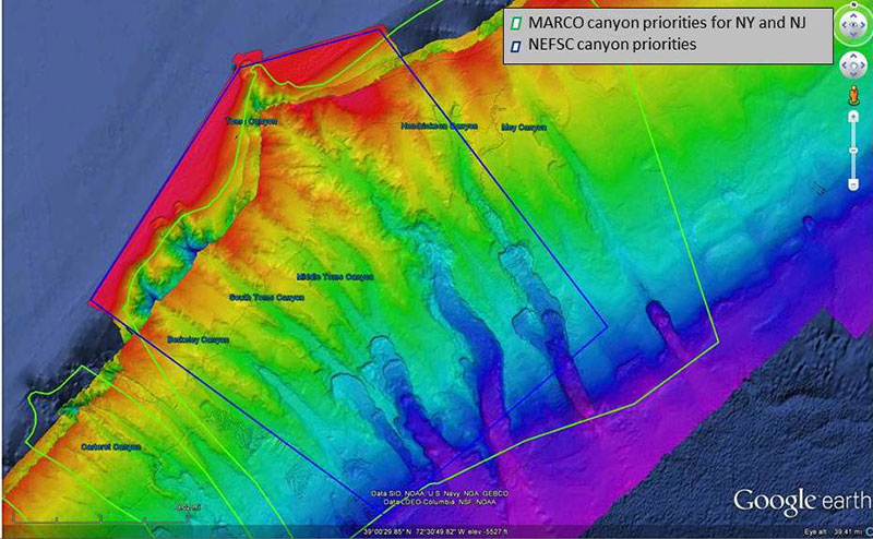 Image includes area surveyed by NOAA Ship Okeanos Explorer during the May/June 2012 ACUMEN expedition. You can differentiate data collected during the different expeditions.