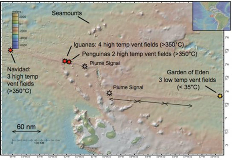 Map of some of the high-temperature and low temperature vent fields and plume signals known prior to GALREX 2011.