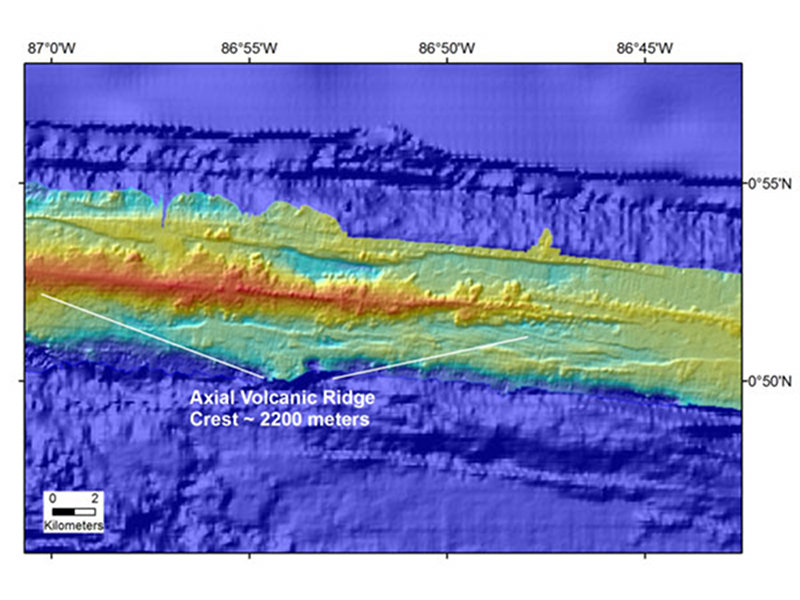 Multibeam bathymetry of the spreading axis of the Galapagos rift in the area of investigations on Leg 2.