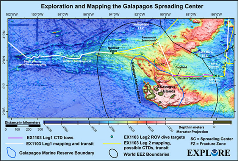 During the approximately 50-day expedition, scientists and technicians will focus on little known areas in international and Ecuador waters in the vicinity of the Galápagos Islands. This map shows the preliminary ship track and major exploration targets along the way.