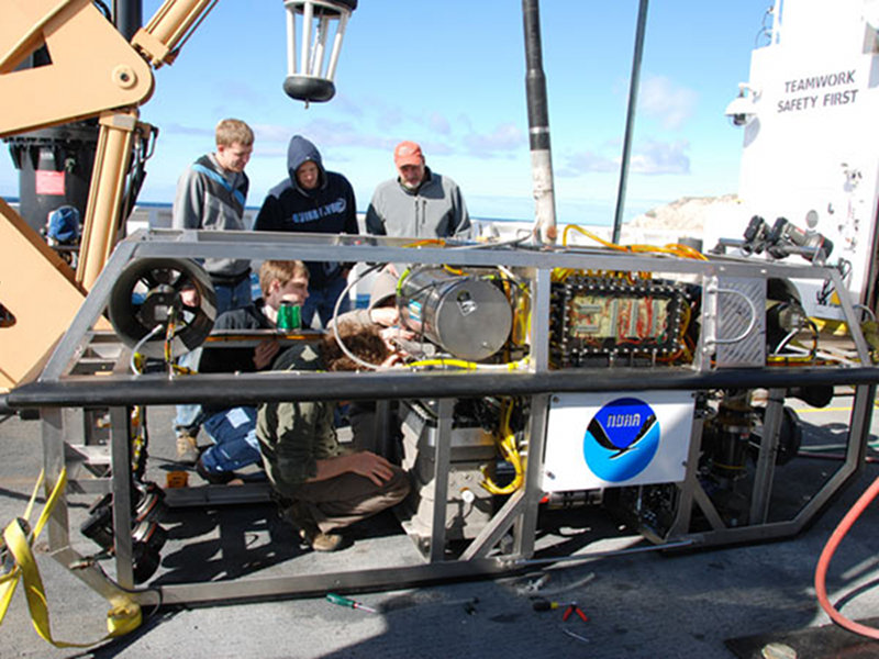 The ROV team prepares Seirios for the next dive during an ROV shakedown cruise conducted off the coast of the Channel Islands, CA in April 2011.