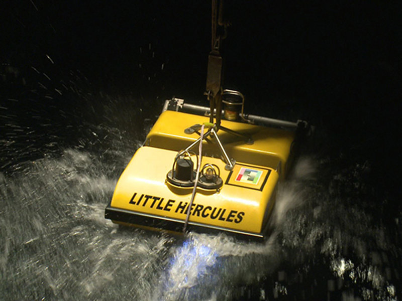 The Little Hercules ROV is launched for the expedition's first and only dive on the Paramount Seamounts.
