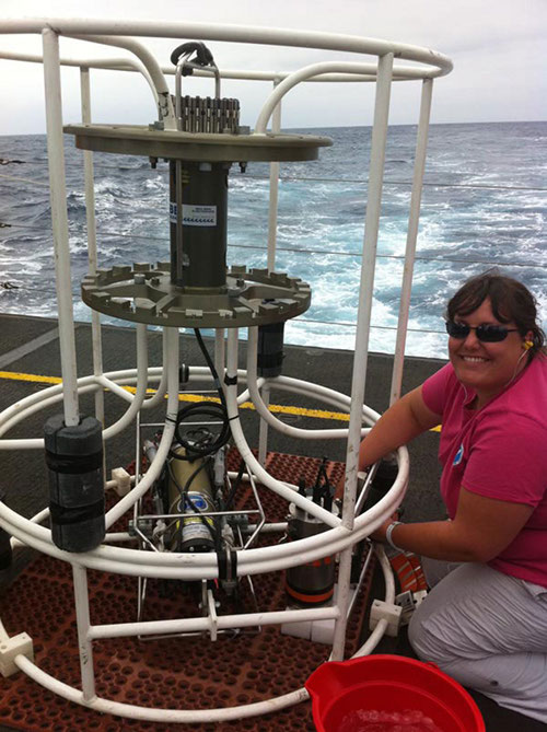 SST Peters installs the Altimeter and battery pack on the CTD frame in preparation for Tow-Yo operations. The altimeter measures the distance of the CTD package from the seafloor while it is near the bottom.