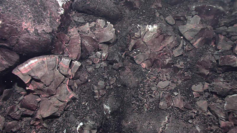 Chunks of pillow lava that cooled rapidly enough to produce a glassy surface and relatively sharp fractures.