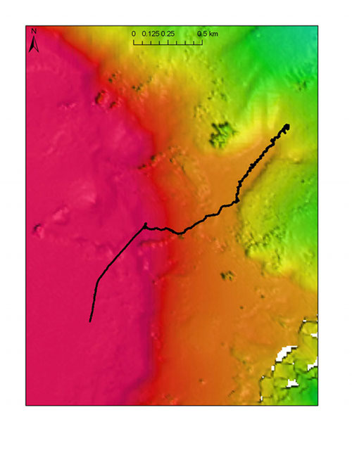 EM302 bathymetry data of the seamount where red represents the shallowest depths and green the deepest.
