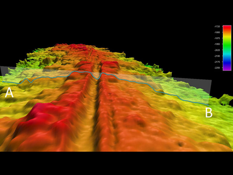 Figure 6. Oblique angle showing detail of gridded EM302 multibeam bathmetry along Western Galápagos Rift. The spreading center is clearly visible as the narrow valley along the shallowest part of the axis. Depth color bar in meters.