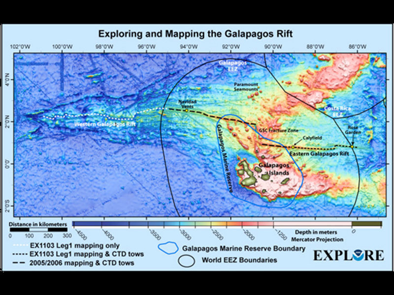 Figure 2. Bathymetry of the Galápagos Rift region, showing the work areas for Leg 1 of GALREX. Some of the known vent areas to be visited on Leg 2 are indicated by yellow dots on the rift. Exploration for new vent sites on Leg 1 will cover the eastern third of the Rift, to complement the 2005/2006 cruise.