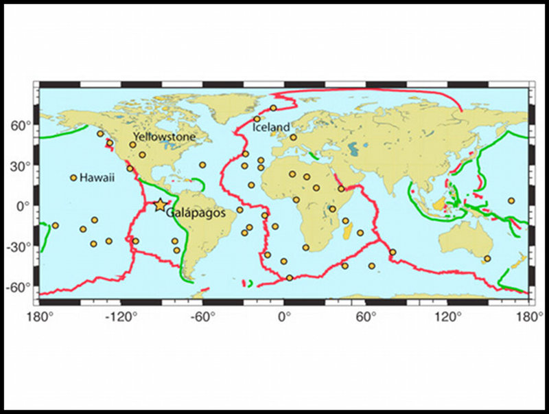 Figure 1. Locations of mantle “hotspots” (orange dots) around the globe. The Galápagos hotspot is marked by the large star. Red lines are midocean ridges, where the Earth’s major tectonic plates originate. Green lines are subduction zones, where the plates sink and return to the mantle.