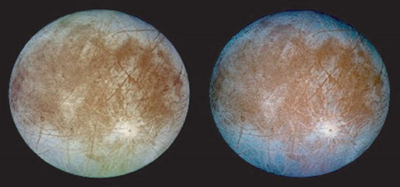 This image shows two views of the trailing hemisphere of Jupiter's ice-covered satellite, Europa. The left image shows the approximate natural color appearance of Europa. The image on the right is a false-color composite version to enhance color differences in the predominantly water-ice crust of Europa. There are a number of very good lines of evidence which suggest that beneath this icy cover lies an ocean- and many have speculated that if there is an ocean, there could be hydrothermal vents (and maybe even microbes!).