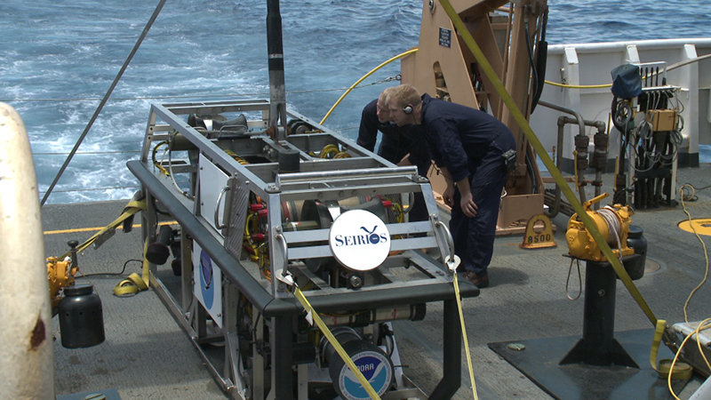 ROV engineers John Mefford and Chris Ritter run through a pre-dive check in preparation for the first ROV dive of the expedition.