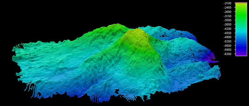 This image shows an overall perspective of the multibeam sonar data collected over the Mid-Cayman Rise so far by the Okeanos Explorer. The perspective is looking west-north-west, and Mount Dent is seen in the foreground.