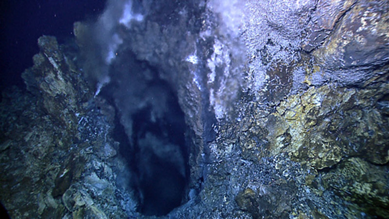 One of the interesting geological findings during the expedition included this orifice more than 3 feet wide – about the same size as the Little Hercules ROV – emitting hot fluids near the summit of the central Von Damm vent spire.