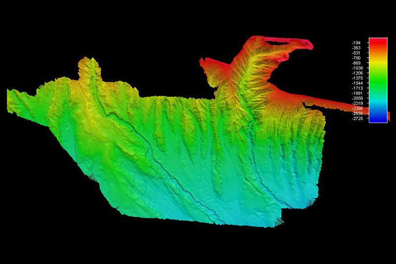 Plan view looking west, showing EM 302 multibeam bathymetry of South Wilmington (right) and Baltimore (left) Canyons.