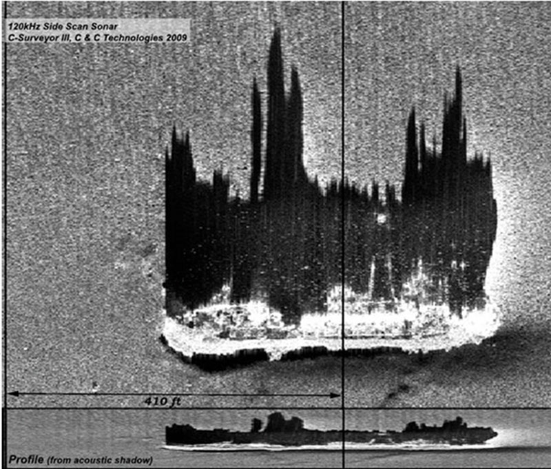 Sidescan sonar image of the wreck of Gulf Oil, an oil tanker sunk by a German U-boat during World War II.