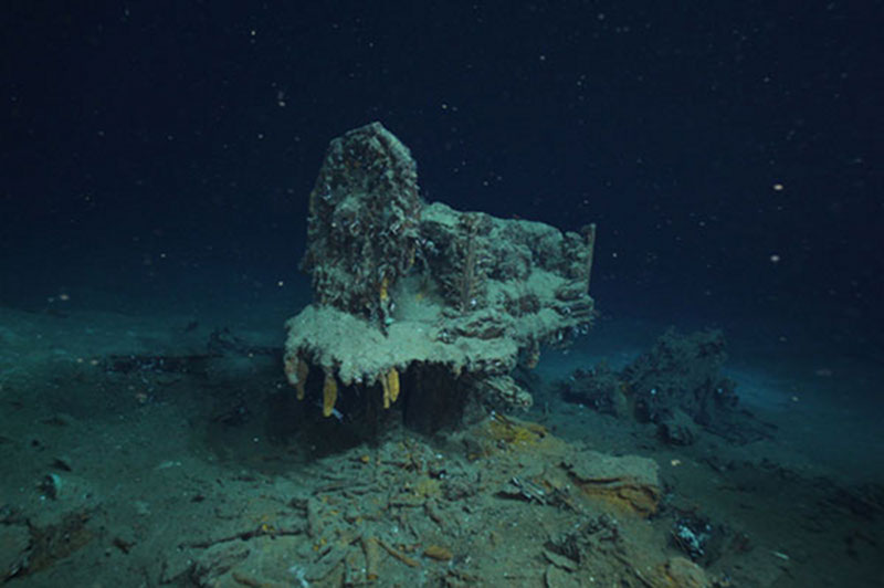 Photograph of the remains of the ships' steering gear from the wreck of a wooden hulled sailing ship in over 7,000 feet of water.