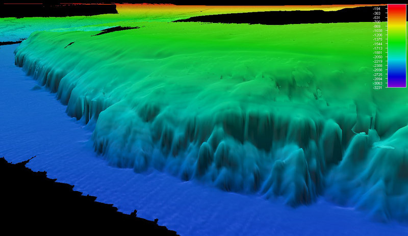 Figure 1. Bathymetry of the West Florida Escarpment. The base of the escarpment (2,600 meters depth) is shown in blue with the upper rim more than 600 meters above.