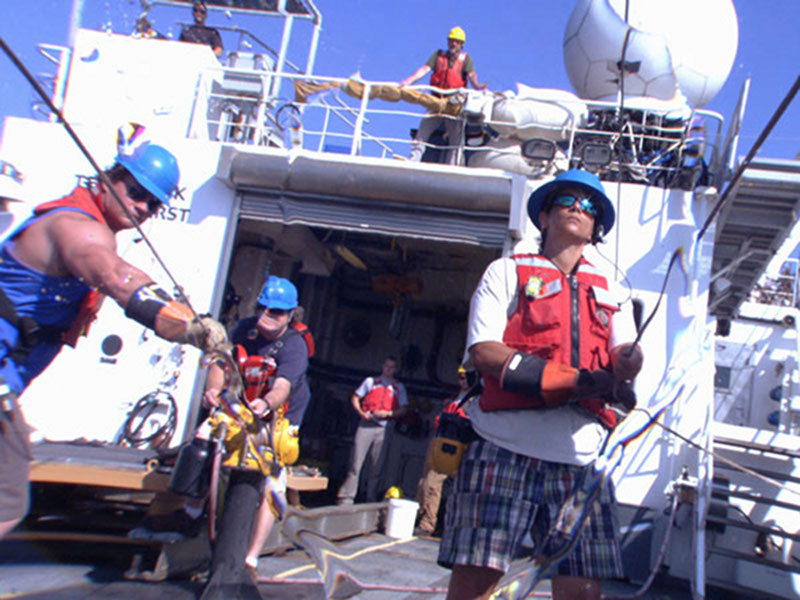 The Seirios camera sled images NOAA Ship Okeanos Explorer personnel and deck hands during recovery following the last dive of the cruise on April 28th at Keathley Canyon.