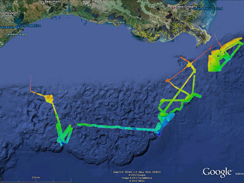 Image showing the bathymetry data acquired by NOAA Ship Okeanos Explorer during the third Gulf of Mexico Expedition cruise leg. In total, 3,448 square kilometers were mapped - an area larger than the state of Rhode Island.