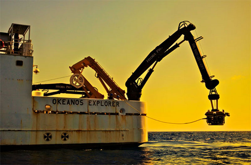  The Institute for Exploration's <em>Little Hercules</em> ROV is deployed from NOAA Ship <em>Okeanos Explorer</em>.
