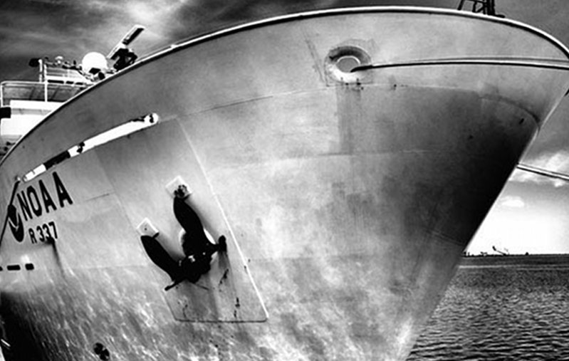 Black and white image of the NOAA Ship Okeanos Explorer in Tampa, Florida.