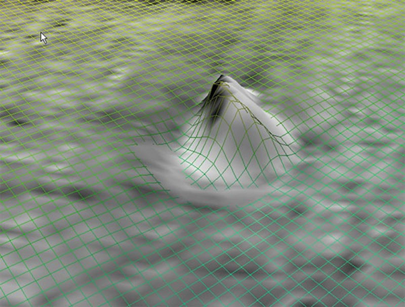 Image of gridded bathymetry shown as a wireframe and draped over gridded backscatter data.