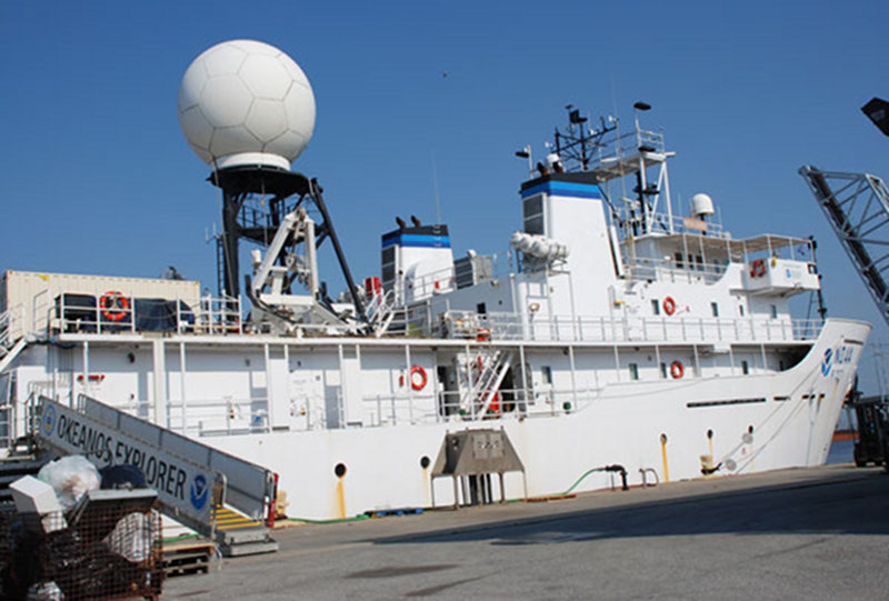 While docked in Pascagoula, Mississippi, the Okeanos Explorer crew ready the ship for the third and final leg of the Gulf of Mexico Expedition.