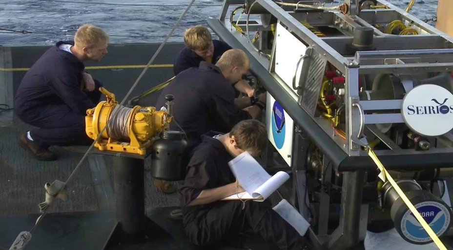From pre-dive protocol to the launch of remotely operated vehicles, Okeanos Explorer crew members carefully follow detailed procedures. Click on the image to view a video that illustrates the dive preparation timeline, as described Dive Supervisor Dave Lovalvo.