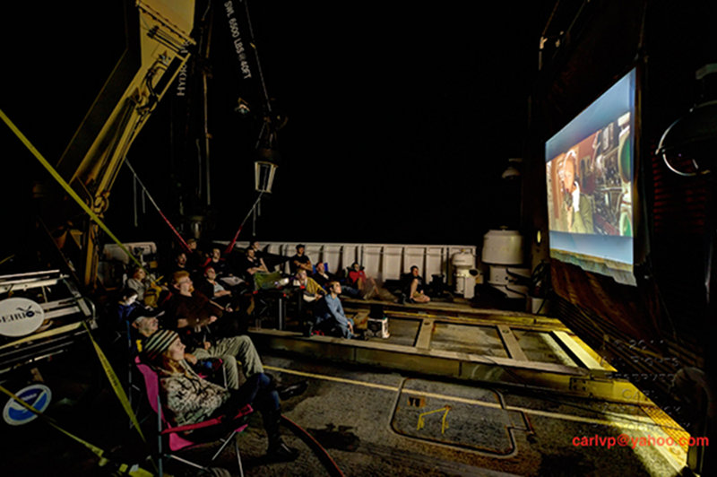 Movie Night on the fantail featured the satirical docudrama 'The Life Aquatic.'