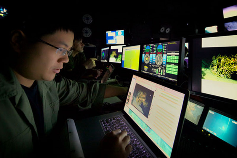 Pen-Yuan Hsing works diligently in the ROV Control Room to maximize the scientific benefits of the dives.