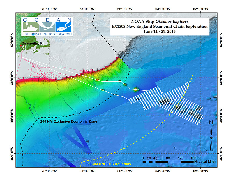 Map showing the area where the Okeanos Explorer will conduct operations during the New England Seamount Chain Exploration.