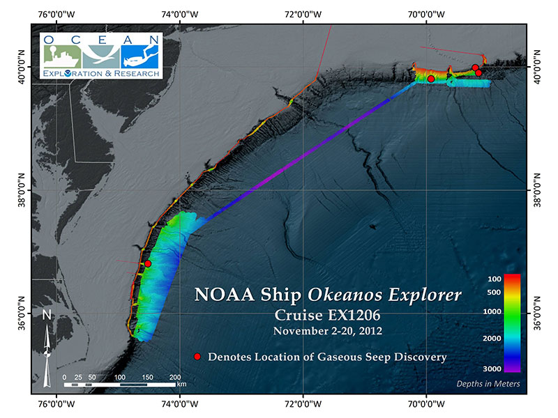 Map showing bathymetric data collected along the U.S. Atlantic coast. The locations of seafloor gaseous seep discoveries between 147 and 163 kilometers off shore, with one site east of Cape Henry, Virginia, and two sites south and southeast of Nantucket Island, Massachusetts (at water depths of 300 to 1,600 meters) are indicated with a red circle.