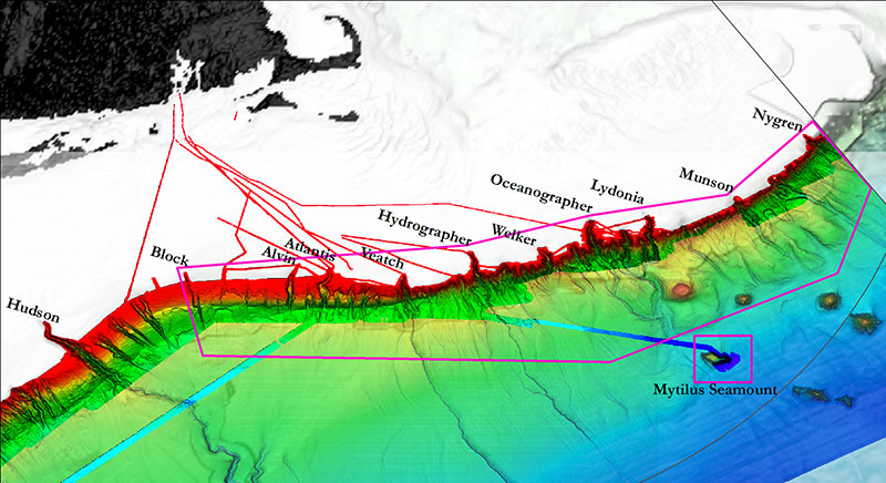 Map showing submarine canyon and seamount areas expected to be explored during the Okeanos Explorer Northeast U.S. Canyons Expedition 2013. The operating areas encompass input from the NOAA Deep Sea Coral Research and Technology Program, NOAA Office of National Marine Sanctuaries, the Northeast Fisheries Management Council, Northeast Regional Council on the Ocean, Mid-Atlantic Regional Council on the Ocean states, and the U.S. Geological Survey. The grey line is the U.S. Exclusive Economic Zone. Underlying seafloor bathymetry shows the northern portion of the U.S. continental margin to the abyss with shallow areas in red to the deepest areas shown in blue. Bathymetry data acquired during surveys conducted from 2004-2013.