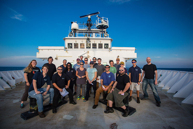 16 dives in 16 days, and everyone is still smiling! We had a great first leg of the Northeast U.S. Canyons 2013 Expedition. Mission personnel pose for a group photo as NOAA Ship Okeanos Explorer steams to port in New York, New York.