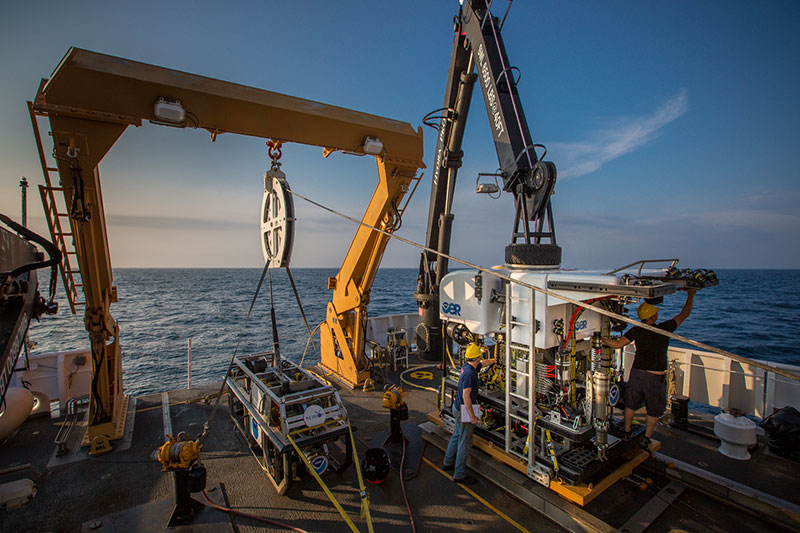 Remotely operated vehicle (ROV) team members onboard NOAA Ship Okeanos Explorer prep the ROV Deep Discoverer and Camera Sled Seirios for the next dive.