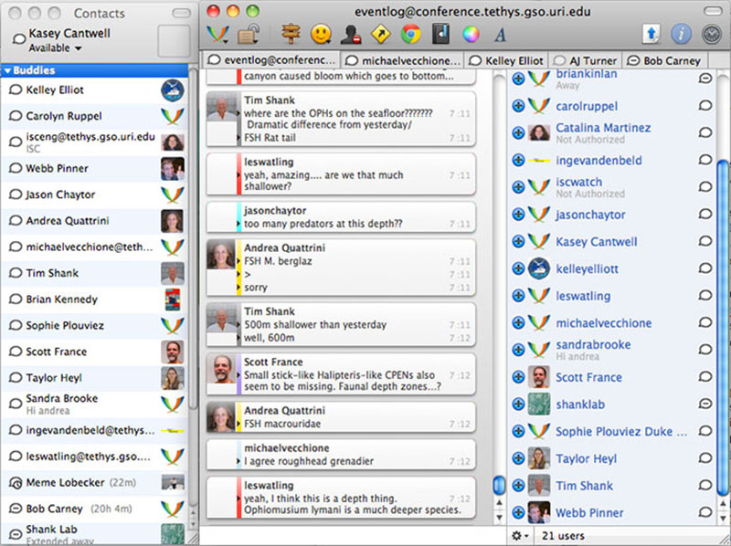 During Leg 1 of the Northeast U.S. Canyons Expedition, an average of one to two dozen scientists and students participated from shore for any one dive. The Okeanos Explorer Program uses a centralized instant messaging system to facilitate communication, and the “eventlog” group chat room (shown here) for scientists and students to discuss and document observations about ongoing operations.